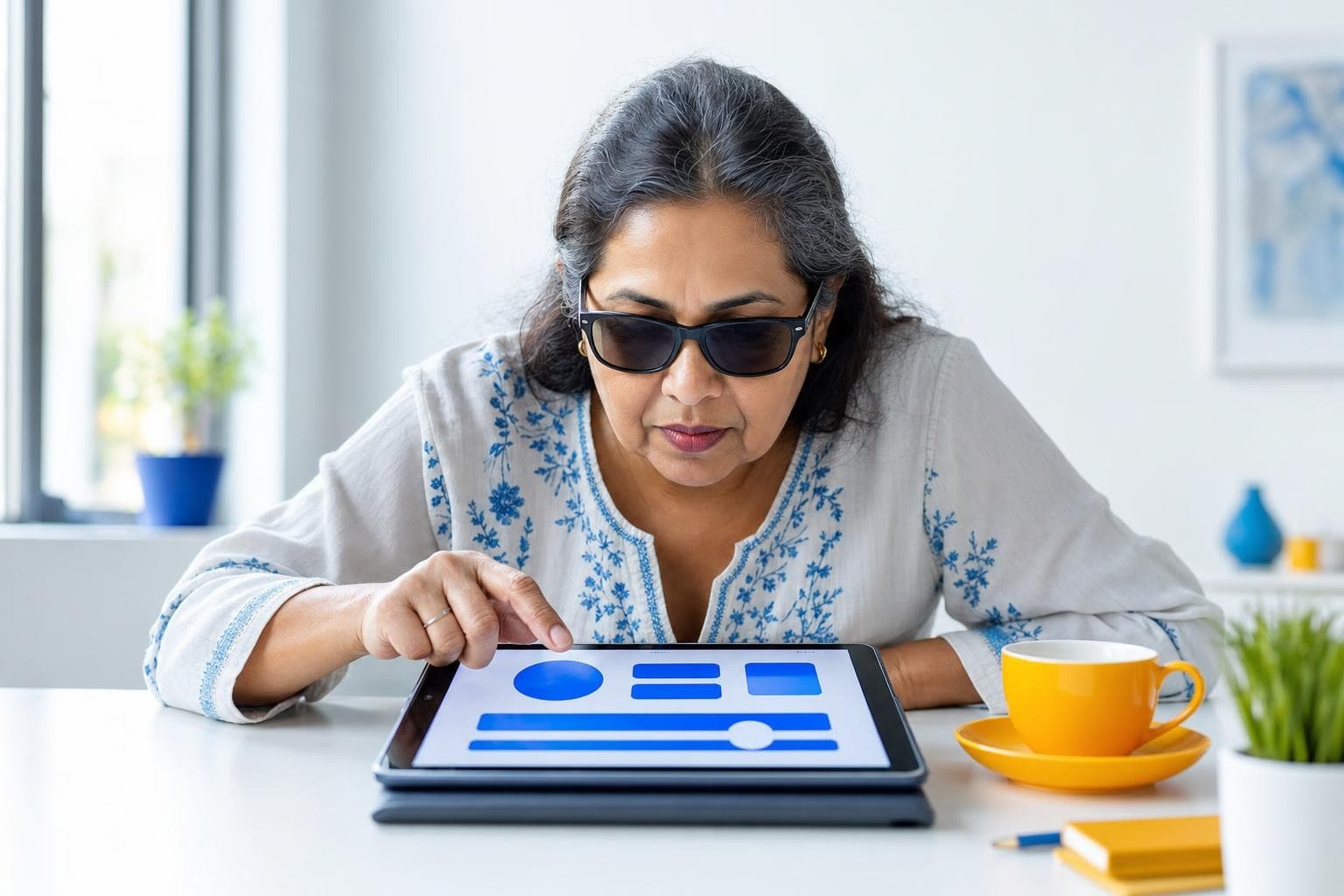 A woman with low vision using screen magnification on a tablet near a window