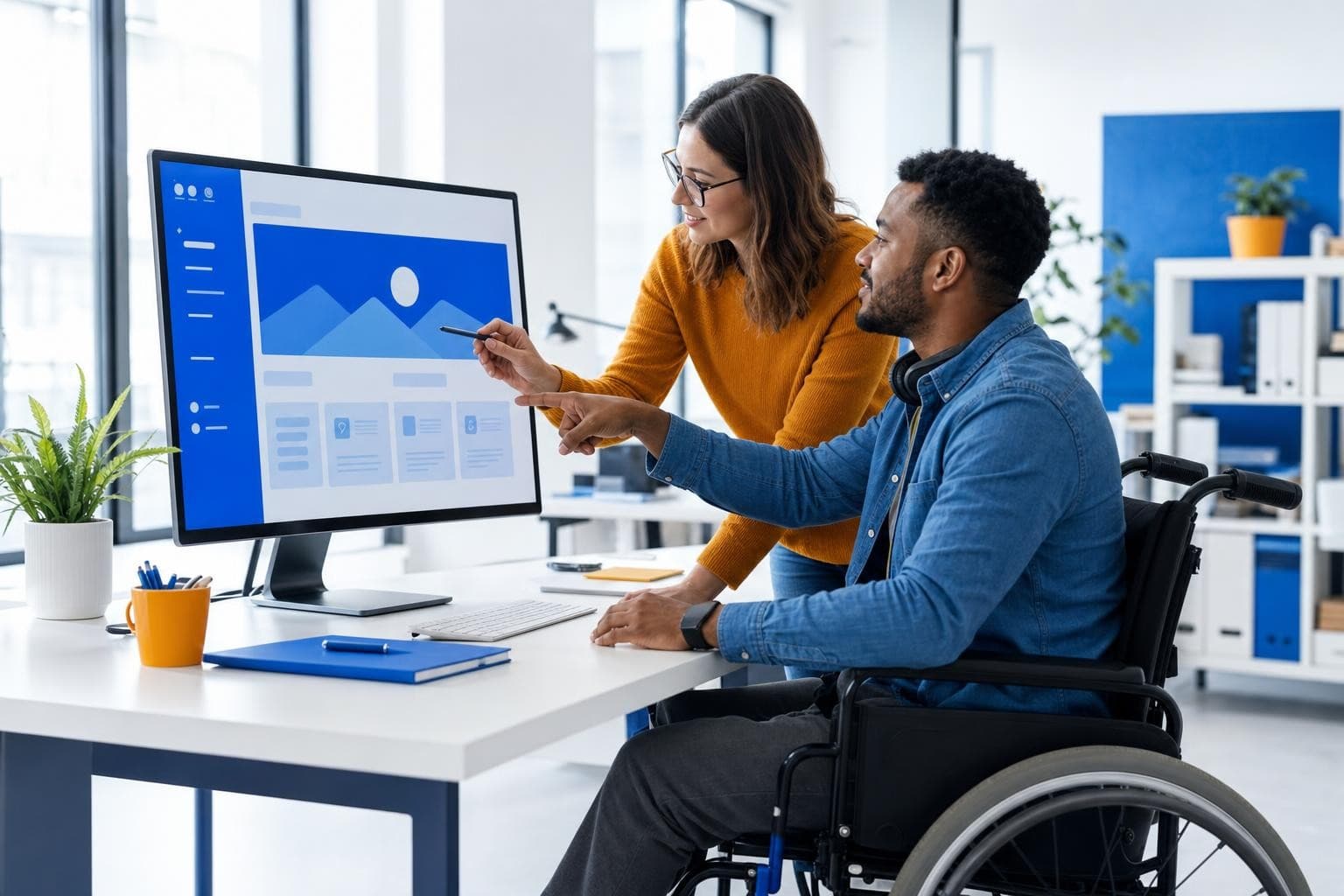 Two colleagues, one a wheelchair user, reviewing a website together on a large monitor in a modern office
