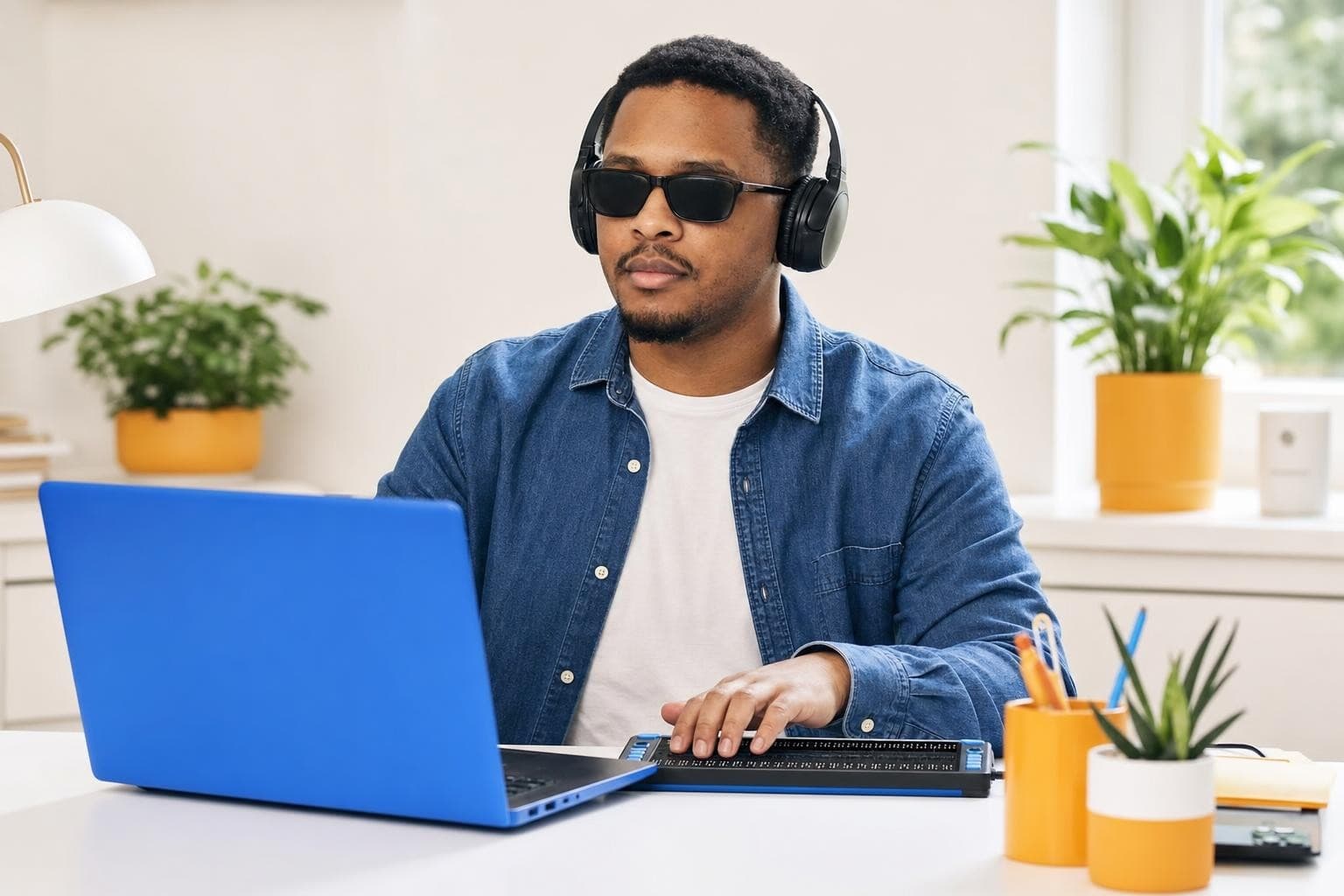 A blind man using a laptop with headphones and a refreshable braille display in a bright modern workspace